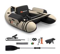 GOPLUS Barca Hinchable para Pesca, Barco Inflable con Portacaña de 360 Grados, Remo de Aluminio, Bomba sin Motor,Respaldo Ajustable, Bote Hinchable para Adults, Carga 150 kg (Beige)