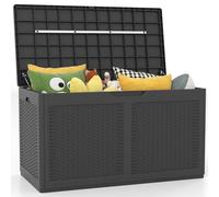GOPLUS Baúl Almacenaje Exterior 380 L, Arcón de Resina Impermeable con Cerradura y 2 Ruedas Lisas, Superficie de Ratán de Imitación, Caja de Almacenamiento Grande Jardin, 111 x 56 x 61 cm (Gris)