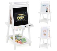 GOPLUS Caballete de Arte para Niños 3 en 1, Caballete de Pintura Plegable con Pizarra Blanca Magnética, Pizarra, Rollo de Papel y Soporte, 3 Vasos de Pintura, 3 Bandejas, Ajustable en Altura (Blanco)