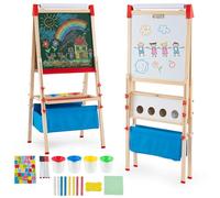 GOPLUS Caballete de Arte para Niños, Pizarra Blanca y Pizarra de Tiza Magnéticas Ajustables en Altura 3 en 1 con Rollo de Papel, Caballete de Madera Doble Cara para Niños de 3 a 15 Años