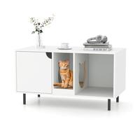 GOPLUS Caja de Arena para Gatos, Baño para Gatos Blanco con 2 Gabinetes, Tabla de Rascado Desmontable, Patas Metálicas, Amplio Mostrador, Mesa Lateral de Madera para Gatos, 100 x 52 x 55 cm