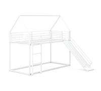 GOPLUS Cama Litera para Niños de 6-16 Años, Cama con Tobogán en Forma de Casita, Escalera de 3 Peldaños y Barandilla de Seguridad, Estructura Robusta de Metal, 204 x 195 x 181,5 cm (Blanco)