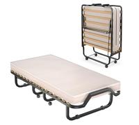 GOPLUS Cama Plegable 90 x 200 cm, Cama Mueble Plegable con Colchón de 10 cm, Cama Abatible Vertical con 4 Ruedas, Estable Armadura de Metal, Soporta hasta 120 kg