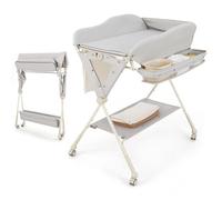 GOPLUS Cambiador plegable con correa de seguridad y placas protectoras, cambiador en altura ajustable con recipiente para agua y ruedas equipadas con freno, para bebés de 0 a 6 meses (Gris)