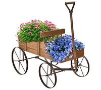 GOPLUS Carrito de Madera Decorativa con 4 Ruedas Metal y Mango, Macetero Exterior con 2 Compartimentos, Jardinera Interior Colocar Regalos,62 x 34x 61cm (Nogal)