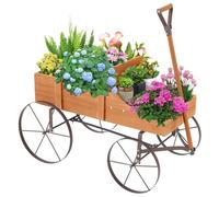 GOPLUS Carrito de Madera Decorativa con 4 Ruedas Metal y Mango, Macetero Exterior con 2 Compartimentos, Jardinera Interior Colocar Regalos,62 x 34x 61cm(Natural)