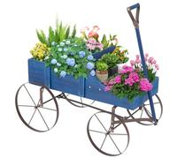 GOPLUS Carrito de Madera Decorativa con 4 Ruedas Metal y Mango, Macetero Exterior con 2 Compartimentos, Jardinera Interior Colocar Regalos,62 x 34x 61cm (Azul)