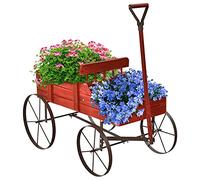 GOPLUS Carrito de Madera para Planta con 4 Ruedas Metal y Mango, Macetero Decorativo Exterior con 2 Compartimentos, Jardinera Interior Colocar Regalos,62 x 34 x 61cm(Rojo)
