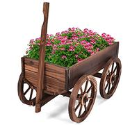 GOPLUS Carrito de Madera para Planta con 4 Ruedas y Mango, Macetero Decorativo Exterior con 2 Agujeros de Drenaje, Jardinera Jardín para Terraza, Patio, 65 x 34 x 20 cm, Marrón