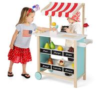 GOPLUS Carro de helado de madera para niños, soporte de mercado de agricultores con 6 conos de helado, timbre y escalera, soporte de comida para niños pequeños con pizarra negra