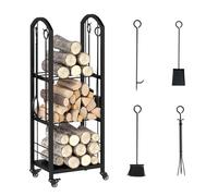 GOPLUS Carro de Leña con Ruedas, Leñero de 3 Niveles, Estante para Troncos de Acero con Pala, Atizador, Cepillo, Tenazas, 2 Rueda Bloqueables, Carrito de Transporte con Ganchos, Interior y Exterior
