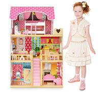 GOPLUS Casa de muñecas de madera, Casa de ensueño de 3 plantas con 6 habitaciones simuladas, 15 accesorios de mobiliario, Casa de princesa creativa, Regalo para niños mayores de 3 años, 59 x 30 x 91 c