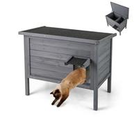 GOPLUS Casa para Gatos al Aire Libre, Refugio para Gatos de Madera con Espuma de Poliestireno Aislada, Techo Inclinable de Asfalto, Cortina de PVC, para Todo Tipo de Tiempo, para Gatitos (Gris)