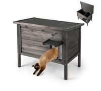 GOPLUS Casa para Gatos al Aire Libre, Refugio para Gatos de Madera con Espuma de Poliestireno Aislada, Techo Inclinable de Asfalto, Cortina de PVC, para Todo Tipo de Tiempo, para Gatitos (Negro)