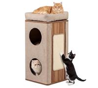 GOPLUS Casa para Gatos de 3 Niveles con Alfombrilla de Sisal Extraíble y Percha Superior, Mansión para Gatos 2 en 1 con Manta Exterior Extraíble, Superficie Cubierta de Felpa, Gris (Beige)