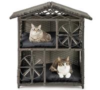 GOPLUS Casa para Gatos de Ratán para Exteriores, Condominio para Gatitos de Mimbre de 2 Pisos con Ventanas Elegantes, Entrada Grande, Cojines Suaves Extraíbles, Refugio Elevado Moderno para Mascotas