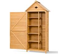 GOPLUS Caseta Jardin Exterior de Madera de Abeto, Cobertizo para Herramientas con Techo Impermeable, 4 Estantes Extraíbles y 2 Puertas con Cerradura, Armario Exterior para Balcón Terraza, 80x35x177cm