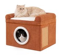 GOPLUS Caseta para Gato de Interior, Casa para Gato con Condo, Alfombra para Rascar de Sisal, Mirador Superior con Bordes Elevados, Caseta con Base Antideslizante, 49 x 41 x 39 cm (Marrón)