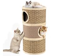 GOPLUS Casita para Gatos de 3 Niveles, Cama para Gatitos de Interior con Rascador de Sisal, Cojines Suaves y Revestimiento de Peluche, Torre para Gatos Cilíndrica para Salón, Balcón, 36 x 70 cm