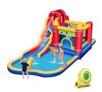 GOPLUS Castillo Hinchable Acuatico para Niños de 3-10 Años, Castillo Inflable con Tobogán Seco/Acuático, Canasta de Baloncesto, Pared de Escalada, Disco de Boxeo, Piscina Infantil, con Soplador