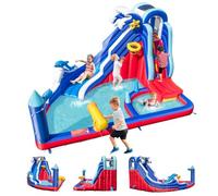 GOPLUS Castillo Hinchable Infantil con Tema de Delfines, Parque Acuático con Toboganes, Muro de Escalada, Piscina de Chorros, Cañón, Canasta de Baloncesto, Área de Juegos 3-10 Años (sin Soplador)