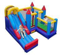 GOPLUS Castillo Inflable para Niños, Juegos Inflables con Tobogán, Canasta de Baloncesto y Rocódromo, Soplador de 680 W, Casa de Juegos con Bolsa de Transporte, para Niños de 3-12 Años