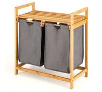 GOPLUS Cesto de Bambú para la Ropa, Tendedor de Ropa con 2 Compartimentos, Cesto para Ropa Sucia con Estante de Almacenamiento, Bolsa para Ropa Sucia con Asa Práctica, para Baño Lavandería (Gris)