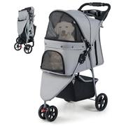 GOPLUS Coche de Paseo Plegable para Perros y Gatos, Transportín con Capota Ajustable, 3 Ruedas, Puertas, Ventanas, Cesta de Almacenaje, Carro de Viaje para Gatos Perros, Capacidad 15 KG (Gris)