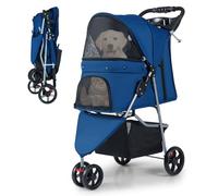 GOPLUS Coche de Paseo Plegable para Perros y Gatos, Transportín con Capota Ajustable, 3 Ruedas, Puertas, Ventanas, Cesta de Almacenaje, Carro de Viaje para Gatos Perros, Capacidad 15 KG (Azul)