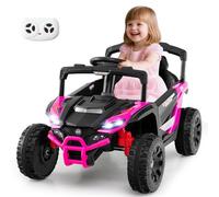 GOPLUS Coche Eléctrico para Niños 12V con Control Remoto, Vehículo Todoterreno Eléctrico con Volante y Salpicadero, Coche Eléctrico con Música, Bocina y Faros, Carga Máxima 30kg, 3+ Años (Rosa)