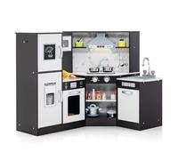 GOPLUS Cocina de Juguete con Pizarra, Campana, Microondas, Horno, Cocinita Infantil de Madera con Efectos de Luz y Sonido, Ricos Accesorios, para Niños de 3+ Años (Café)