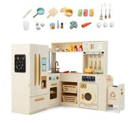 GOPLUS Cocina de Juguete de Esquina para Niñas, Cocinita Infantil con Frigorífico, Horno, Microondas, Lavadora y 22 Accesorios, Cocinita Infantil con Luces y Sonidos para Niños de 3+ Años