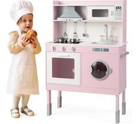 GOPLUS Cocina de Juguete de Madera con Sonido Realista, Cocinita Infantil con Estantes de Almacenaje, Especieros y Escurreplatos, Juego de Imitación de Comedor para Niños de 3 Años+