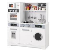 GOPLUS Cocina de Juguete para Niños, Cocinita Infantil con Dispensador de Agua, Fregadero, Grifo, Microondas, Cafetera, Lavadora, Cocinita de Madera con Sonidos y Luces para Niños de 3+ Años