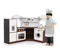 GOPLUS Cocina Juguete de Esquina de Madera, Juego de Cocina Esquinera con Máquina de Hielo, Microondas, Estufa, Horno, Fregadero, Lavadora, Cocinita Infantil Con Luces y Sonido para Niños de 3-10 Años