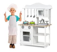 GOPLUS Cocina Juguete de Madera, Cocinita Infantil con Nevera Utensilios Accesorios, Cocinitas de Juguetes con Fregadero, Horno, Microondas, Gogones, Ollas, Niños, 60x30x83 CM