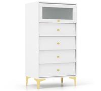 GOPLUS Cómoda con 3/4 Cajones, Armario de Almacenamiento con Puerta de Vidrio y Cajones Deslizantes, Cajonera Estrecha Moderna con Patas Metálicas Doradas para Dormitorio, Entrada, Blanco (4 Cajones)