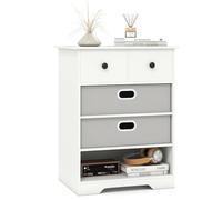 GOPLUS Cómoda con 4 Cajones, Cajonera de Almacenamiento con Estantes Abiertos, Kits Antivuelco, 2 Cajones Plegables y Extraíbles, Mueble Modular para Sala de Estar, Dormitorio, Entrada, Estudio