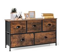 GOPLUS Cómoda de 5 cajones, aparador con almohadillas plegables ajustables para los pies, marco de acero y tablero de madera, armario con cajones para dormitorio, entrada, color marrón rústico