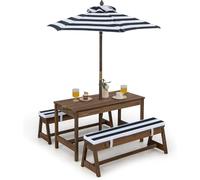 GOPLUS Conjunto 4 en 1 de 1 Mesa +2 Banco +1 sombrilla para niños, Mesa de Actividades y Banco de Madera de Abeto para niños, Conjunto de Muebles portátiles de Exterior para 4 Personas (Azul)