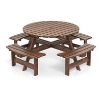 GOPLUS Conjunto de Mesa de Picnic Exterior, Mesa Redonda para Patio con 4 Bancos Integrados en Forma de Arco, Agujero para Sombrilla de 5 cm, para 8 Personas, Jardín Terraza Parque (Marrón)