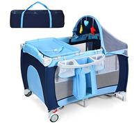 GOPLUS Cuna 3 en 1, Cuna de colecho para bebés de 0 a 3 años con mosquitera, Cama Infantil con Ruedas, Cama de Viaje Plegable con Cambiador, con Juguetes Colgantes, 120x60x76 cm, Azul