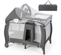 GOPLUS Cuna Bebe 4 en 1, Cuna Plegable con Cambiador, Mosquitera, Colchón, Ruedas Bloqueables, Juguetes Colgantes, Caja de Música, Cuna de Viaje Portátil para 0-36 Meses