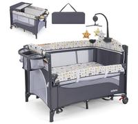 GOPLUS Cuna de Viaje Ajustable, con Cambiador, Cojín Suave, Soporte para Juguetes y Espacio de Almacenamiento, Ajustable en Altura, Parque para Bebé de 0-9 Meses con 2 Ruedas y Bolsa (Gris)