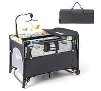 GOPLUS Cuna de Viaje Bebe 5 en 1 con Cambiador, Colchón, Juguetes Colgantes, Caja de Música, Altura Ajustable, Ruedas, Centro de Actividad, Cama Plegable para Bebé 0-3 Años, Carga 15 kg (Gris)