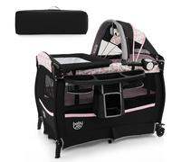 GOPLUS Cuna de Viaje Portátil, Cuna Bebe Plegable con Techo Ajustable, Colchón, Cambiador, Estante, Juguetes, Caja de Música, Ruedas Bloqueables y Bolsa de Transporte, para 0-3 años (Negro-Rosa)