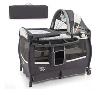 GOPLUS Cuna de Viaje Portátil, Cuna Bebe Plegable con Techo Ajustable, Colchón, Cambiador, Estante, Juguetes, Caja de Música, Ruedas Bloqueables y Bolsa de Transporte, para 0-3 años (Gris-Blanco)