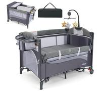 GOPLUS Cuna Lateral a la Cama, con Cambiador, Cojín Suave, Soporte para Juguetes y Espacio de Almacenamiento, Ajustable en Altura, Parque para Bebé de 0-9 Meses con 2 Ruedas y Bolsa (Azul Marino)