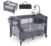 GOPLUS Cuna Lateral a la Cama, con Cambiador, Cojín Suave, Soporte para Juguetes y Espacio de Almacenamiento, Ajustable en Altura, Parque para Bebé de 0-9 Meses con 2 Ruedas y Bolsa (Azul Marino)