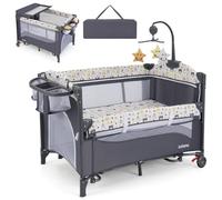 GOPLUS Cuna Lateral a la Cama, con Cambiador, Cojín Suave, Soporte para Juguetes y Espacio de Almacenamiento, Ajustable en Altura, Parque para Bebé de 0-9 Meses con 2 Ruedas y Bolsa (Gris)